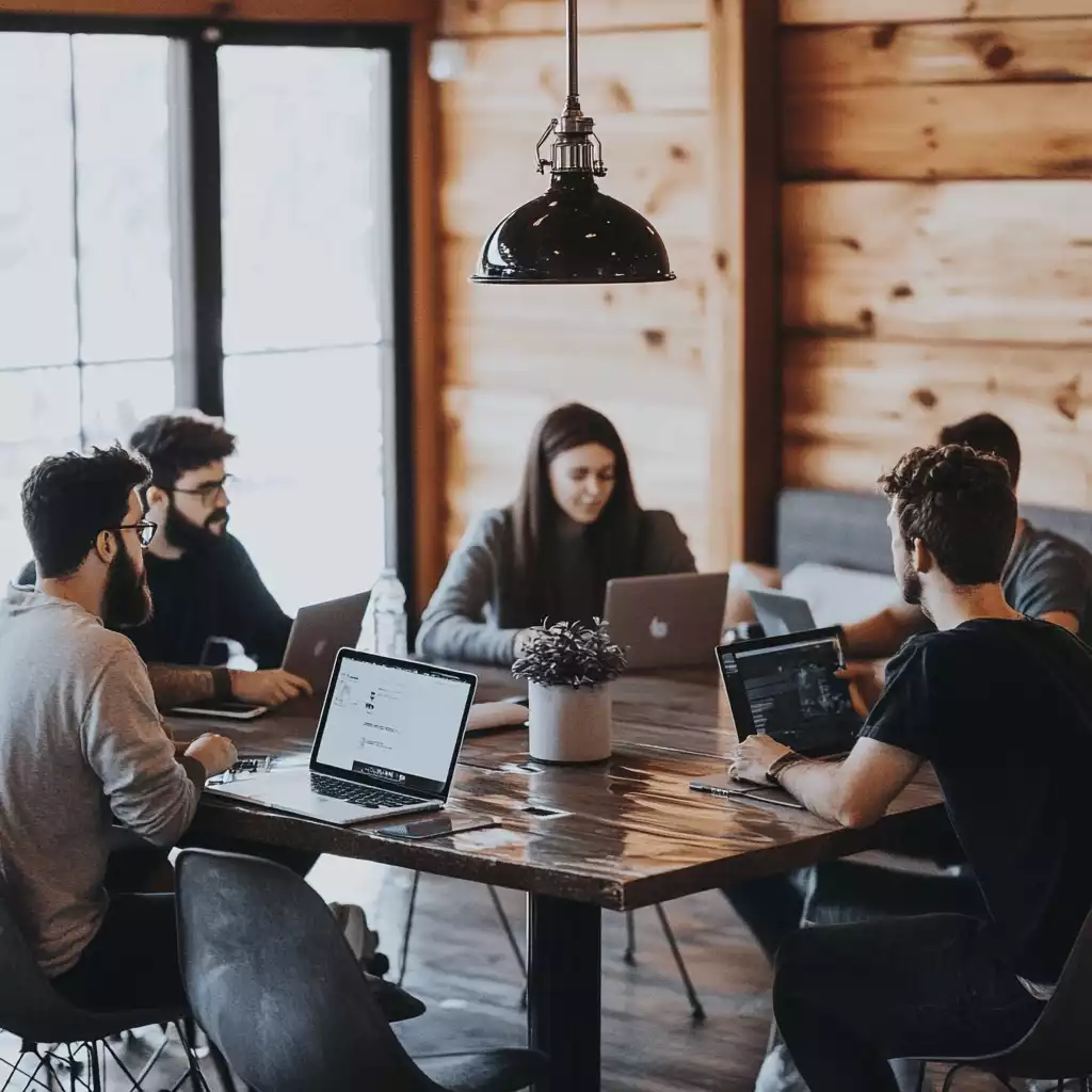 Five people discussing in a group